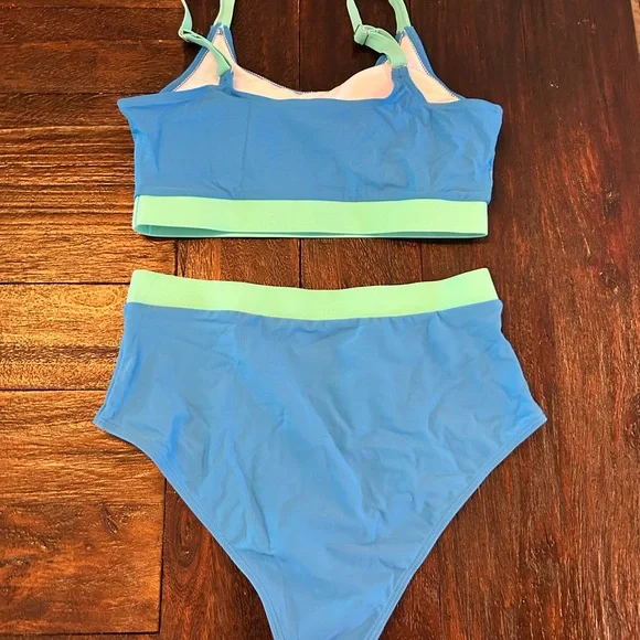 High Waisted Sporty Scoop Neck Bikini- Blue/Teal - Picture 4 of 9